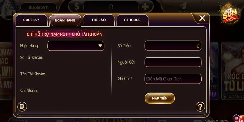 Các phương thức nạp tiền Sunwin